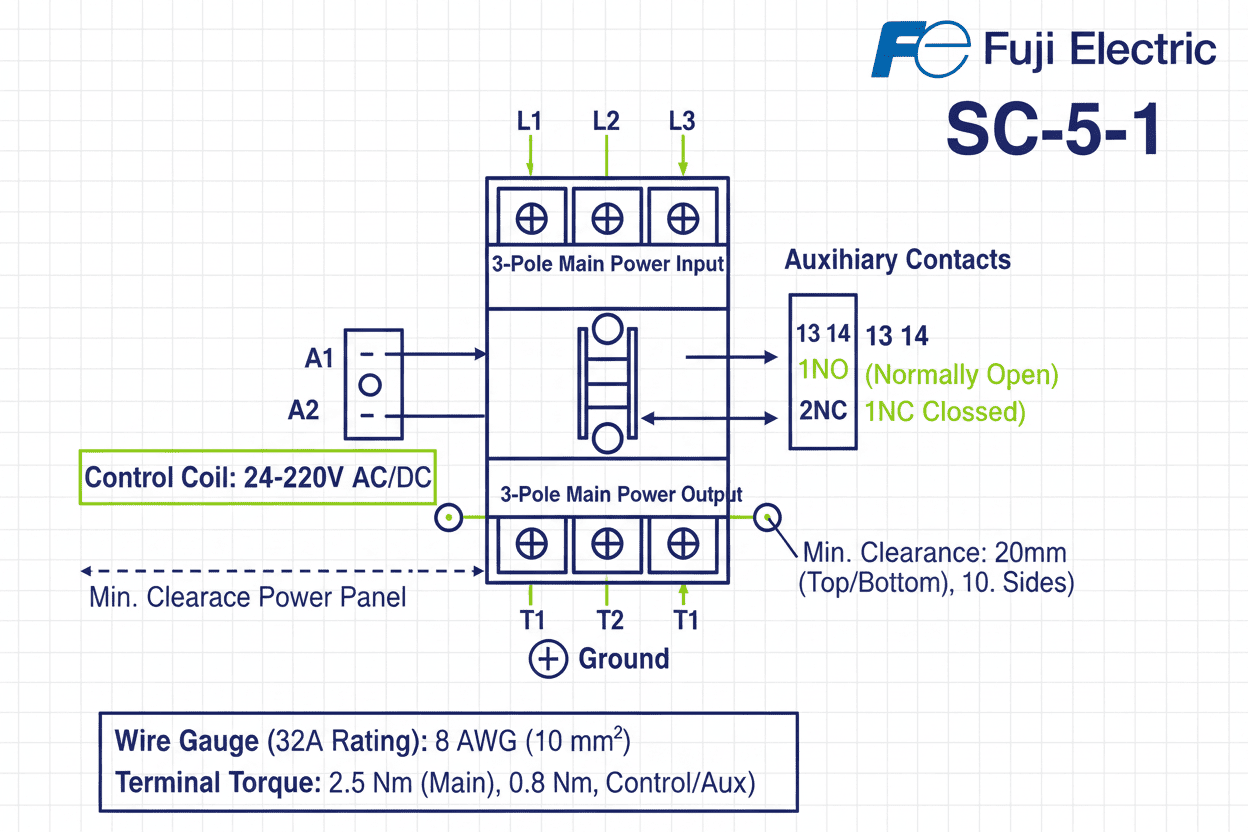 Fuji SC-5-1 Contactor – (3 Pole + 1NO / 1NC, 24–220V Coil, 11 kW / 15 HP, 32A)
