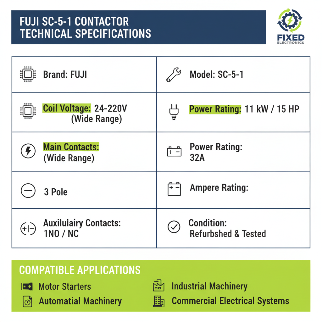 Technical specifications of Fuji SC-5-1 contactor 32A 11kW 15HP 3 Pole for motor control.