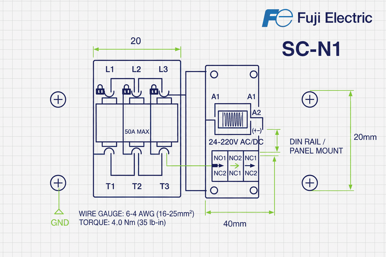 Fuji SC-N1 Contactor – (3 Pole + 2NO / 2NC, 24–220V Coil, 15 kW / 20 HP, 50A)