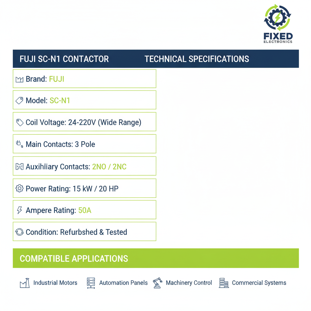 Technical specifications of Fuji SC-N1 contactor 50A 15kW 20HP 3 Pole for motor control.