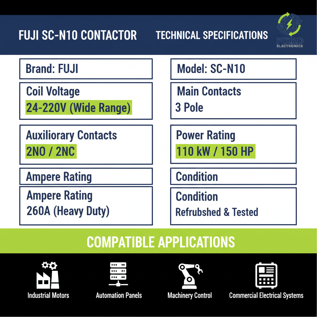 Technical specifications of Fuji SC-N10 contactor 260A 110kW 150HP 3 Pole for heavy-duty motors.