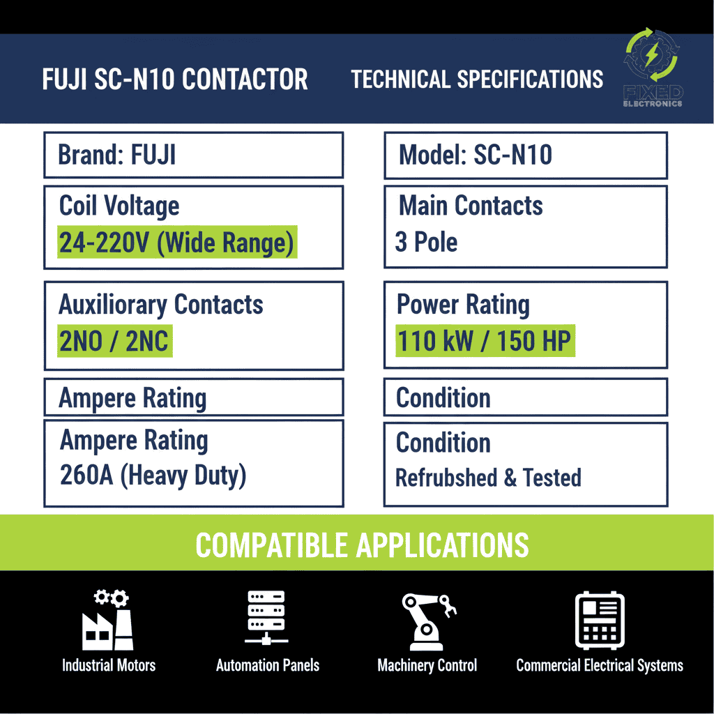 Technical specifications of Fuji SC-N10 contactor 260A 110kW 150HP 3 Pole for heavy-duty motors.