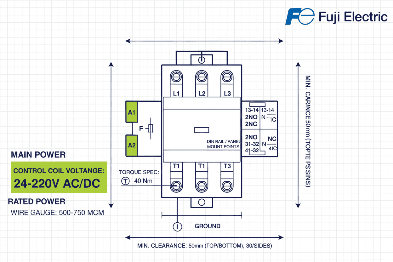 Technical diagram of Fuji SC-N11 contactor 350A 160kW 215HP 3 Pole for heavy-duty motors.