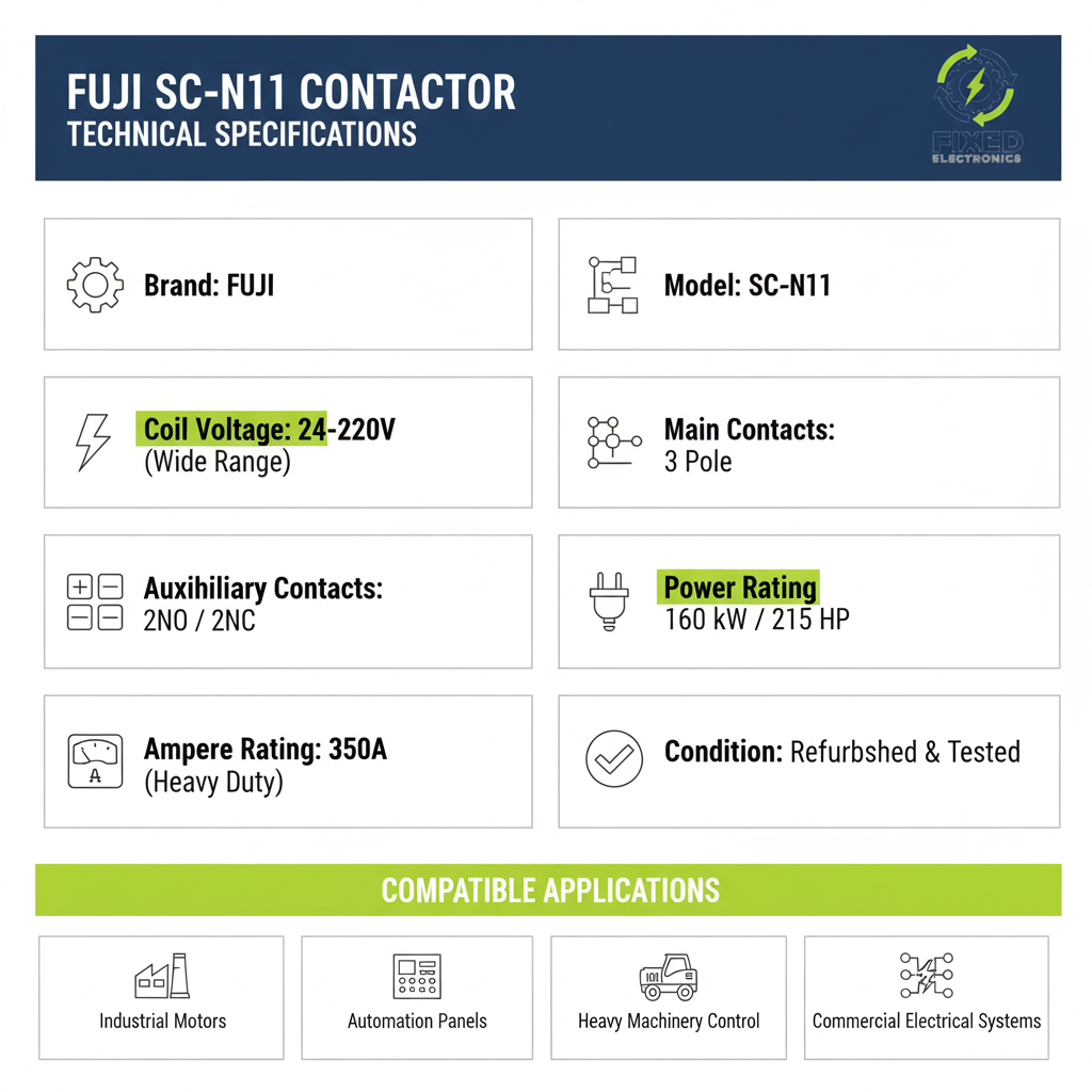 Technical specifications of Fuji SC-N11 contactor 350A 160kW 215HP 3 Pole for heavy-duty motors.