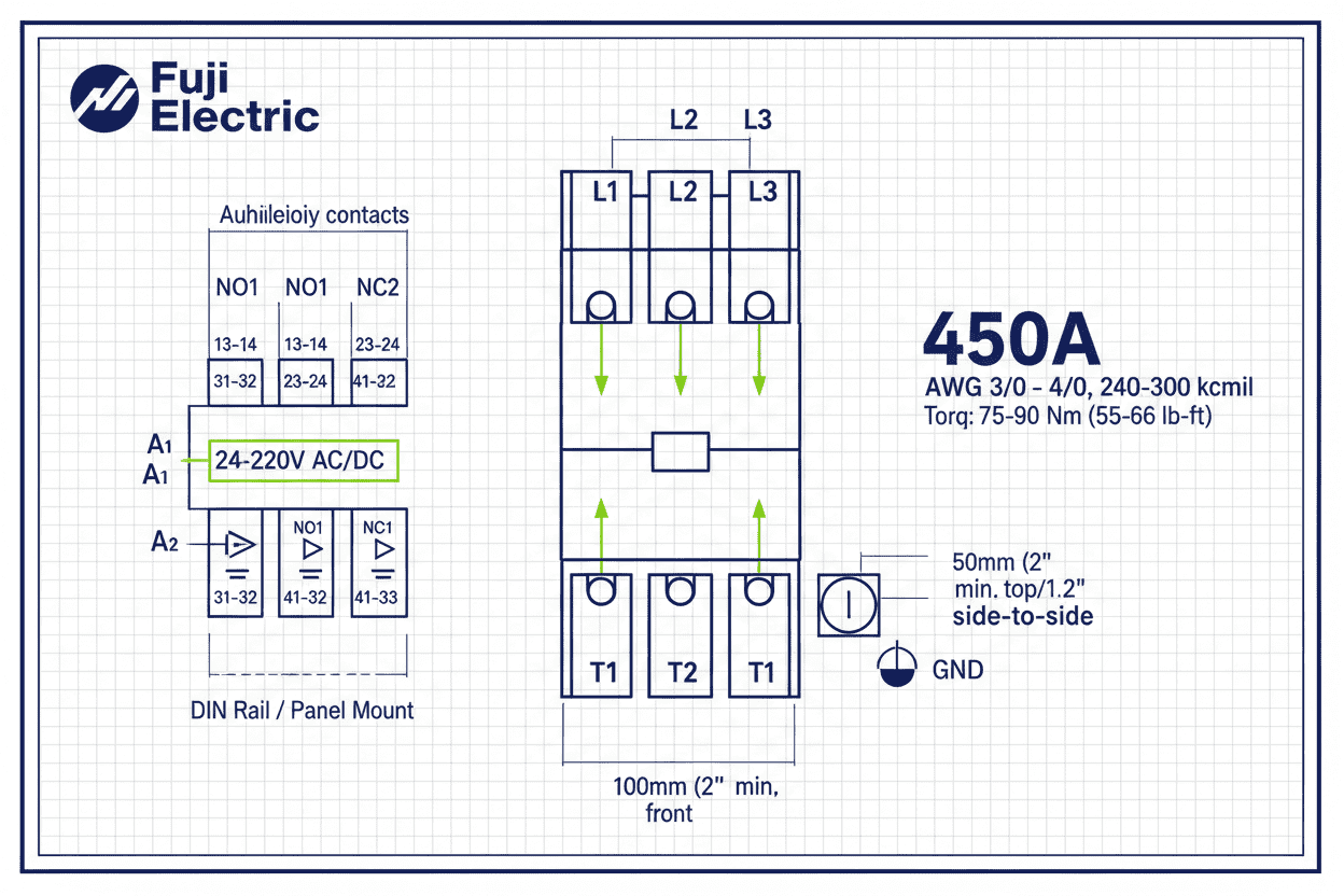 installation diagram for Fuji SC-N12 heavy-duty contactor 450A 220kW 300HP 3 Pole for industrial motors.