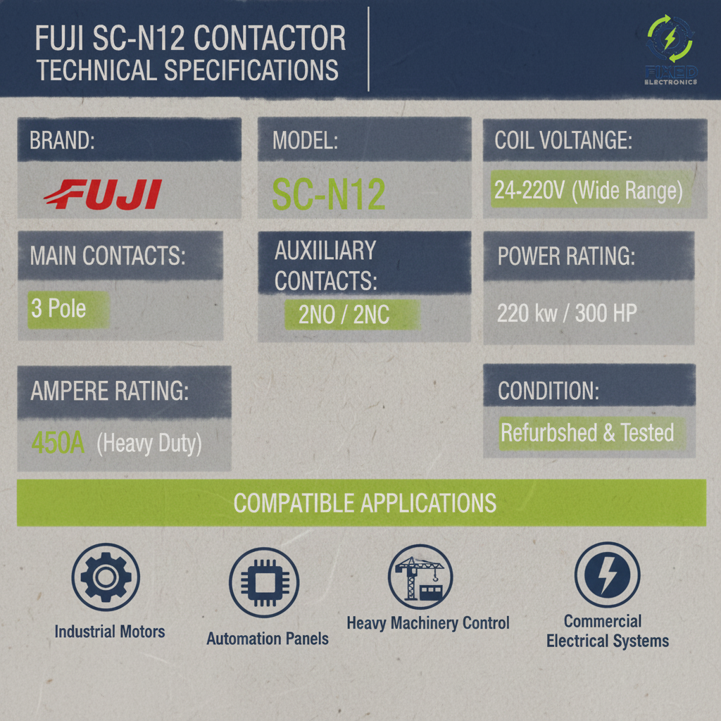 Technical specifications of Fuji SC-N12 heavy-duty contactor 450A 220kW 300HP 3 Pole for industrial motors.