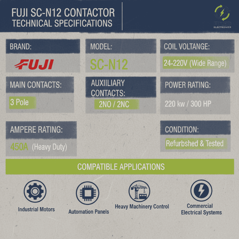 Technical specifications of Fuji SC-N12 heavy-duty contactor 450A 220kW 300HP 3 Pole for industrial motors.
