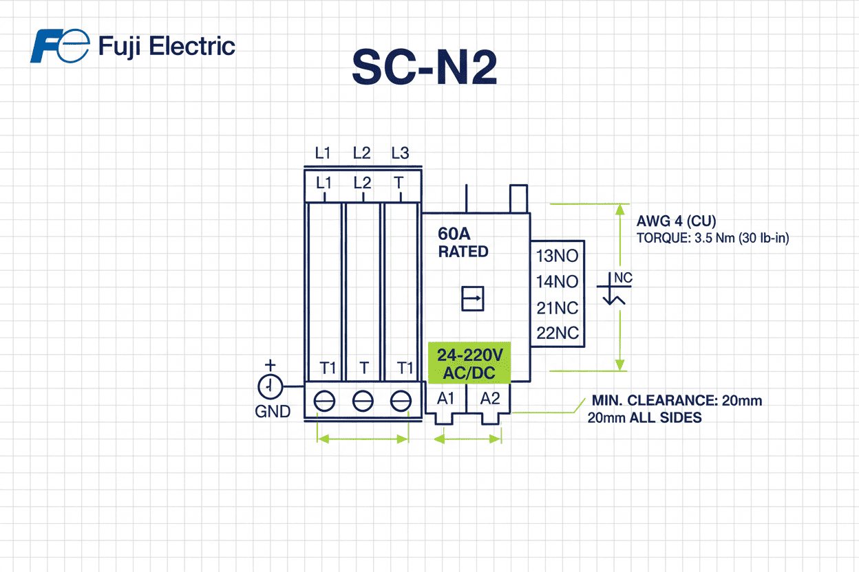 Fuji SC-N2 Contactor – (3 Pole + 2NO / 2NC, 24–220V Coil, 18.5 kW / 25 HP, 60A)