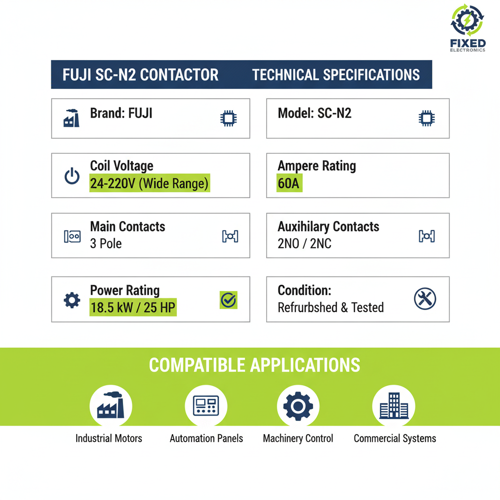Technical specifications of Fuji SC-N2 contactor 60A 18.5kW 25HP 3 Pole for motor control.
