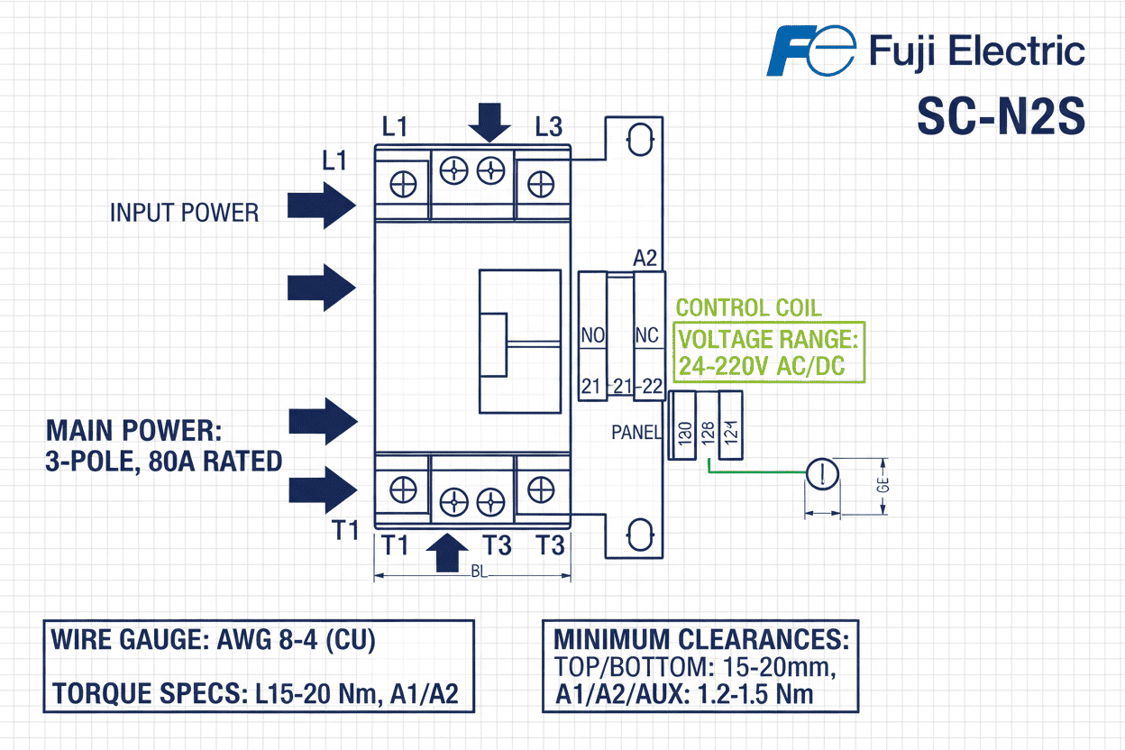 Fuji SC-N2S Contactor – (3 Pole + 2NO / 2NC, 24–220V Coil, 22 kW / 30 HP, 80A)