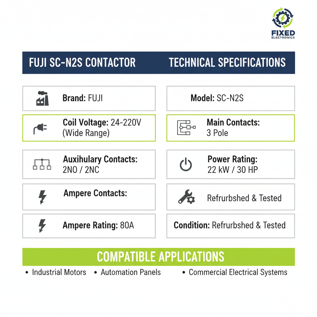 Technical specifications of Fuji SC-N2S contactor 80A 22kW 30HP 3 Pole for motor control.
