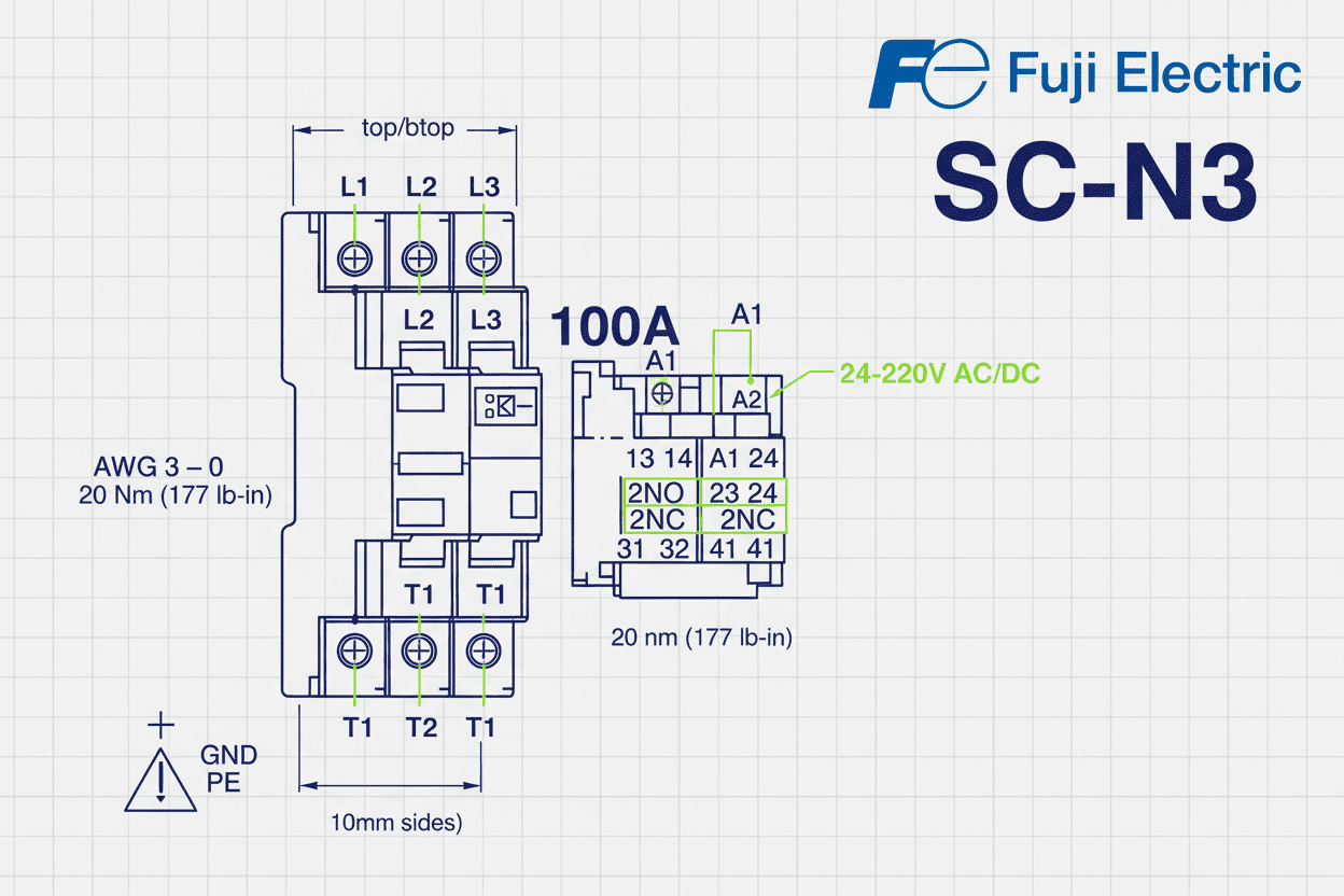 Fuji SC-N3 Contactor – (3 Pole + 2NO / 2NC, 24–220V Coil, 30 kW / 40 HP, 100A)