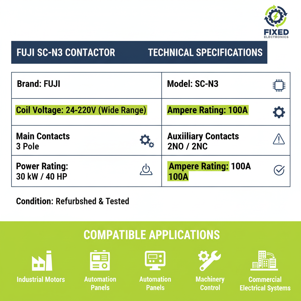 Technical specifications of Fuji SC-N3 contactor 100A 30kW 40HP 3 Pole for motor control.