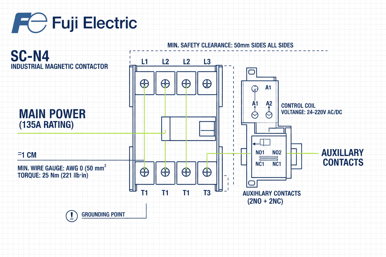 Fuji SC-N4 Contactor – (3 Pole + 2NO / 2NC, 24–220V Coil, 40 kW / 55 HP, 135A)