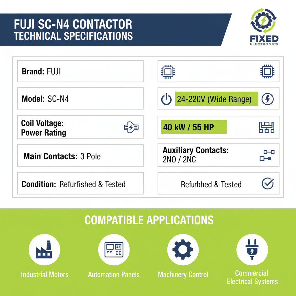 Technical specifications of Fuji SC-N4 contactor 135A 40kW 55HP 3 Pole for heavy-duty motors.
