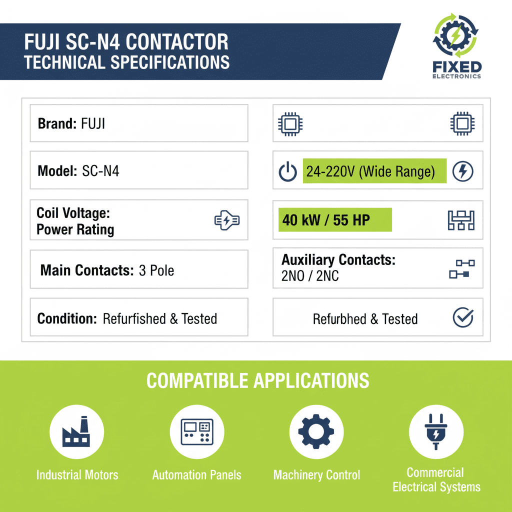 Fuji SC-N4 Contactor – (3 Pole + 2NO / 2NC, 24–220V Coil, 40 kW / 55 HP, 135A)