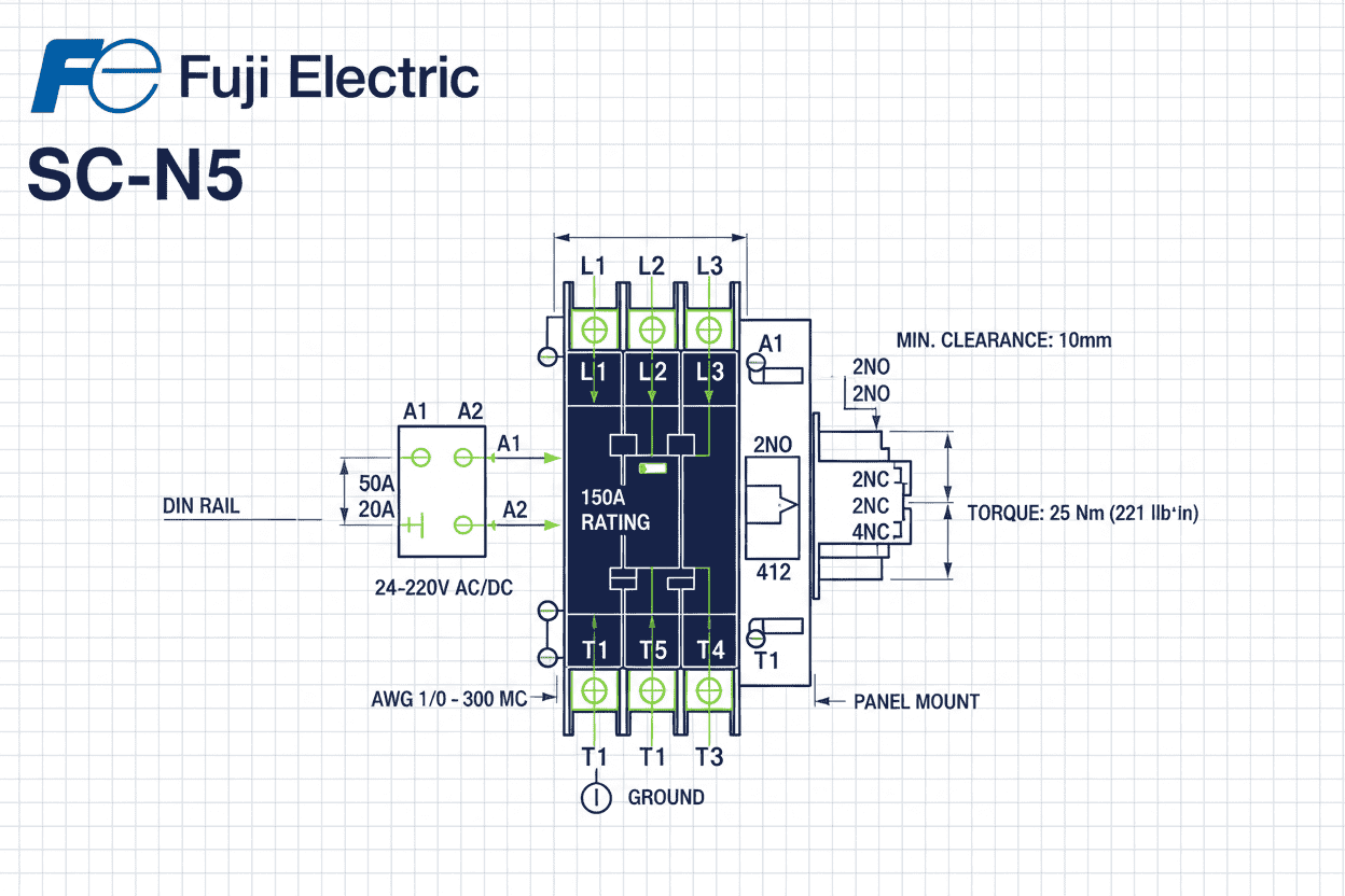 Fuji SC-N5 Contactor – (3 Pole + 2NO / 2NC, 24–220V Coil, 55 kW / 75 HP, 150A)