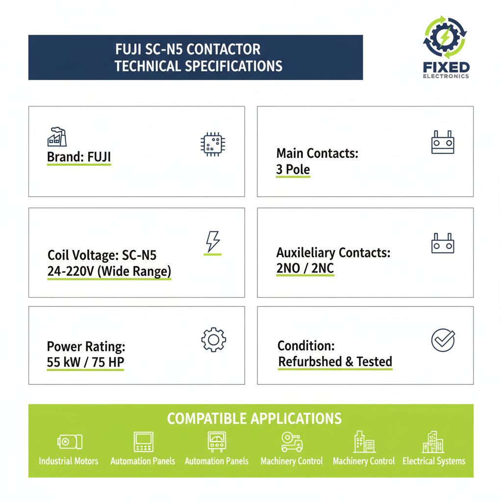 Technical specifications of Fuji SC-N5 contactor 150A 55kW 75HP 3 Pole for heavy-duty motors.