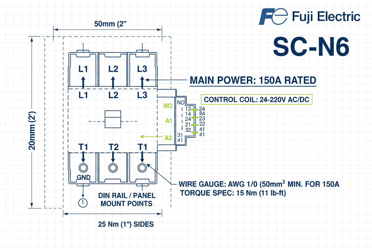 installation diagram of Fuji SC-N6 contactor 150A 60kW 80HP 3 Pole for heavy-duty motors.
