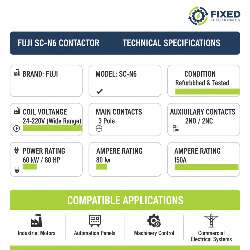 Technical specifications of Fuji SC-N6 contactor 150A 60kW 80HP 3 Pole for heavy-duty motors.