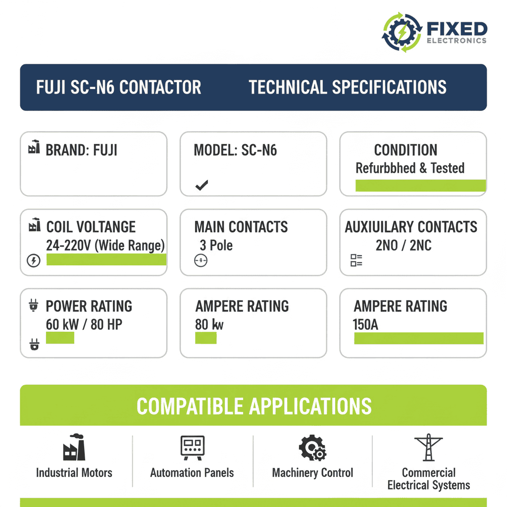 Technical specifications of Fuji SC-N6 contactor 150A 60kW 80HP 3 Pole for heavy-duty motors.
