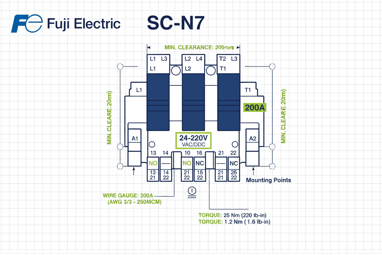 installation diagram for Fuji SC-N7 contactor 200A 75kW 100HP 3 Pole for heavy-duty motors.