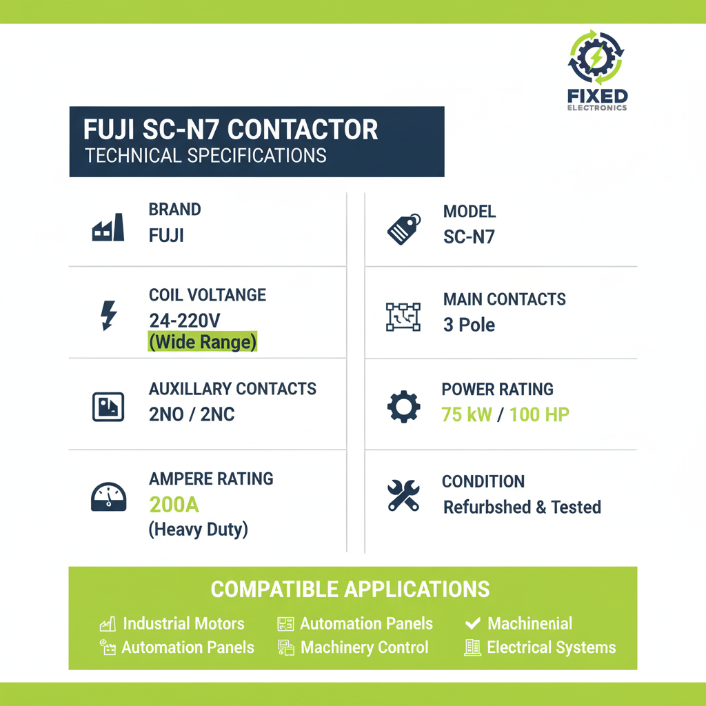 Technical specifications of Fuji SC-N7 contactor 200A 75kW 100HP 3 Pole for heavy-duty motors.