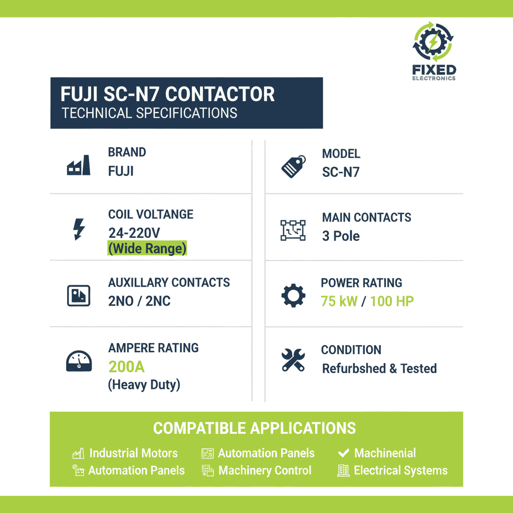 Technical specifications of Fuji SC-N7 contactor 200A 75kW 100HP 3 Pole for heavy-duty motors.