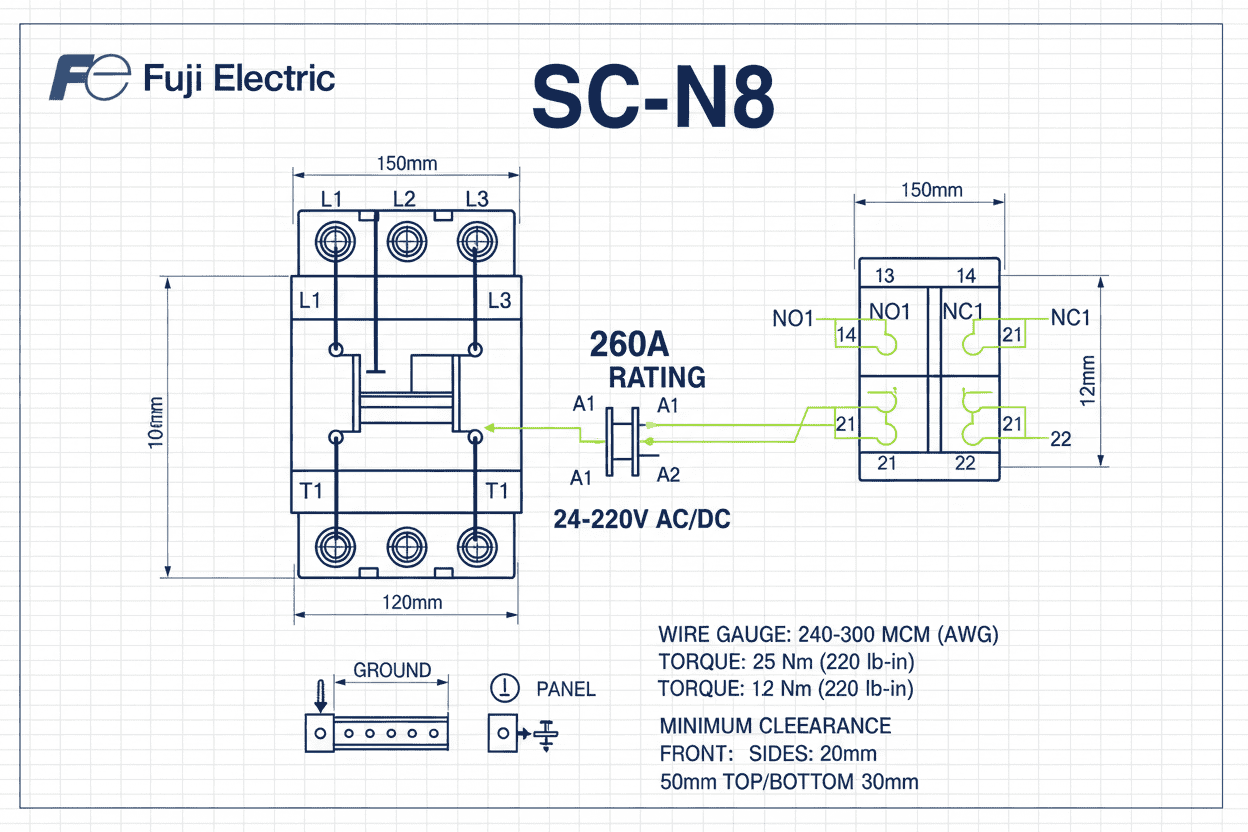 Installation diagram for Fuji SC-N8 contactor 260A 90kW 125HP 3 Pole for heavy-duty motors.