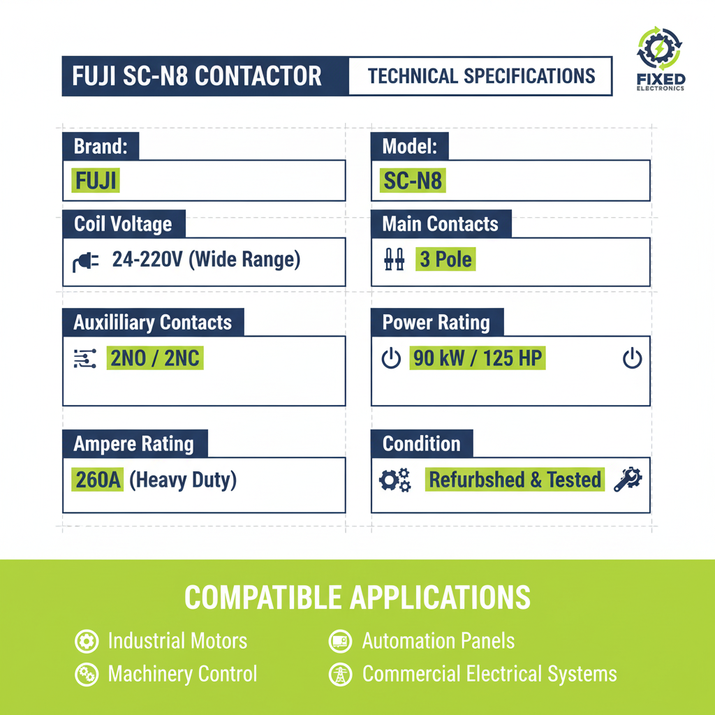 Technical specifications of Fuji SC-N8 contactor 260A 90kW 125HP 3 Pole for heavy-duty motors.