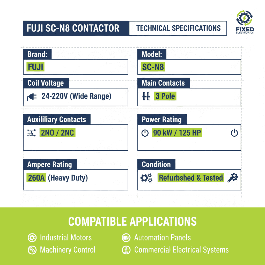 Technical specifications of Fuji SC-N8 contactor 260A 90kW 125HP 3 Pole for heavy-duty motors.