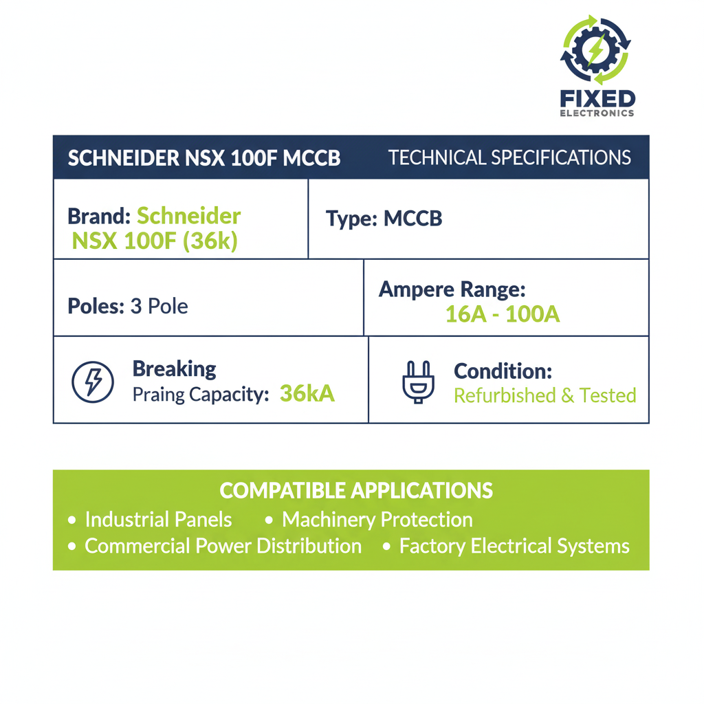 Technical specifications of Schneider NSX 100F MCCB 3 Pole 16A-100A 36kA industrial circuit breaker.